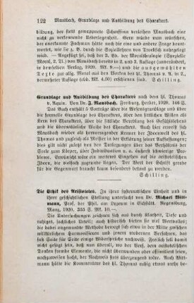 122 [Rezension] Mausbach, Joseph, Grundlage und Ausbildung des Charakters nach dem Hl. Thomas von Aquin