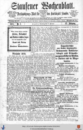 43. Jg: Staufener Wochenblatt (1921 bis 1934 als Staufener Tagblatt)