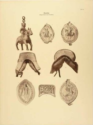 8 Darstellungen zum Thema Reiter und Pferd: Sattel, Bronzfigur, Siegel Deutscher Ritter des Mittelalters, Ende des 12. Jahrhunderts