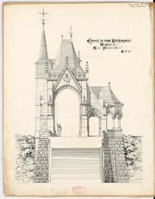 Brückenportal Monatskonkurrenz Juni 1885: Aufriss Ansicht von der Brücke; Maßstabsleiste