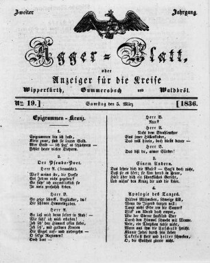 Agger-Blatt, oder Anzeiger für die Kreise Wipperfürth, Gummersbach und Waldbröl