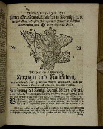 No. 23. Montags, den 5ten Junii 1752.