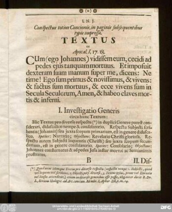 Textus ex Apocal. I, 17. 18.