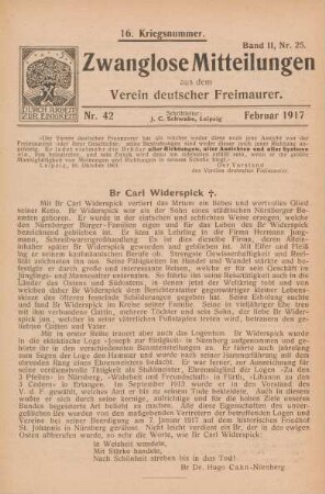Nr. 42 Februar 1917 16. Kriegsnummer. Band II, Nr. 25.
