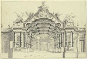 Eine große Halle mit einem Baldachin überbaut, unter welchem ein Wappen zu sehen ist, rechts und links zwei Faune in Trompeten stoßend