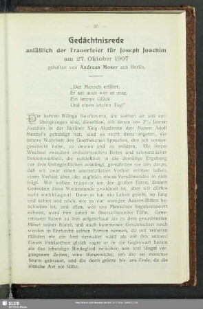 Gedächtnisrede anläßlich der Trauerfeier für Joseph Joachim am 27. Oktober 1907