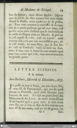 Lettre CCXXXVIII. A la même. Aux Rochers, Mécredi 18. Décembre, 1675
