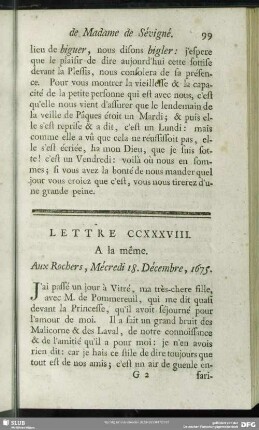 Lettre CCXXXVIII. A la même. Aux Rochers, Mécredi 18. Décembre, 1675