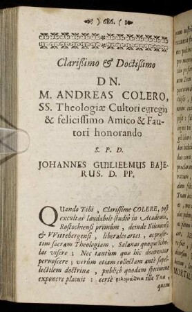 Clarißimo & Doctißimo Dn. M. Andreas Colero [...]