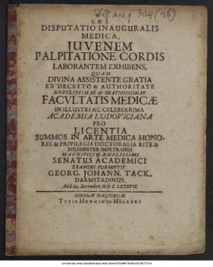 Disputatio Inauguralis Medica, Iuvenem Palpitatione Cordis Laborantem Exhibens