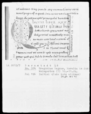 Gregorius Magnus, Moralia in Job — Initiale Q(uia iste ultimus), Folio 196recto