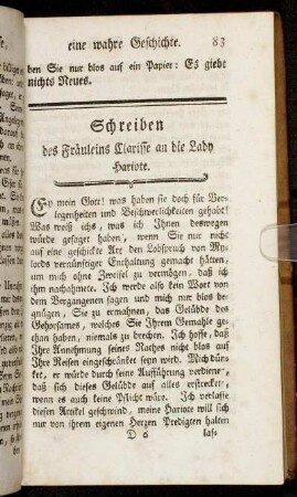 Schreiben des Fräuleins Clarisse an die Lady Hariote.