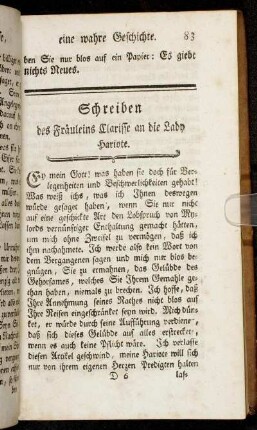 Schreiben des Fräuleins Clarisse an die Lady Hariote.