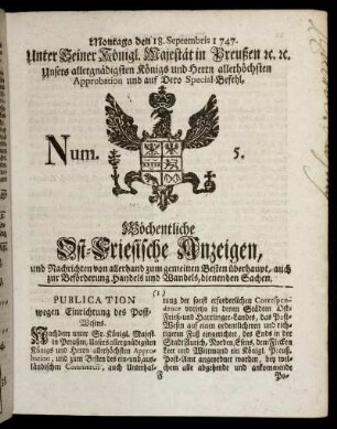 Num. 5. Montags den 18. Septembris 1747.