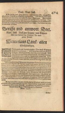 Bericht und antwort Doct. Mart. Luth. Auff zwo Fragen/ von Dolmetschen und fürbitte der Heiligen ...