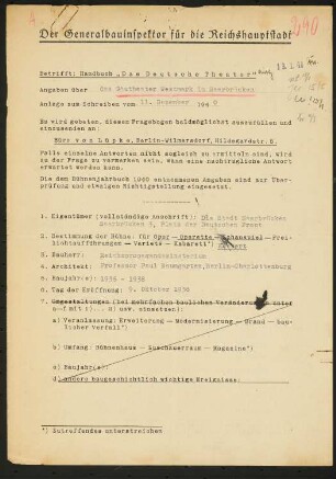 Gautheater Westmark (auch: Grenzlandtheater Saarpfalz, Saarländisches Staatstheater), Saarbrücken: Fragebogen für das Handbuch »Das Deutsche Theater«, vierseitiges Dokument