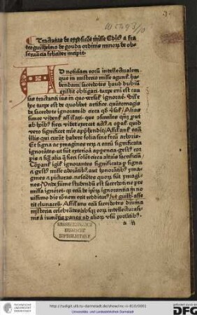 Tractatus de expositione misse editus a fratre Guilhelmo de Gouda, ordinis Minorum de observantia, feliciter incipit.