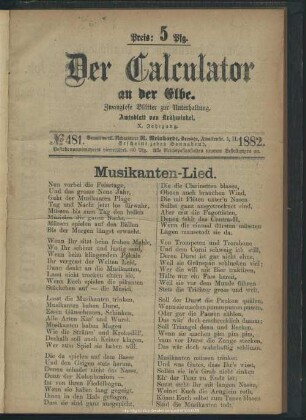 10.1882=Nr.481/532: Der Calculator an der Elbe : zwanglose Blätter zur Unterhaltung; Amtsblatt von Krähwinkel
