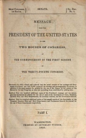 Message from the President of the United States to the two Houses of Congress, 34,1. 1855, Sess. 1