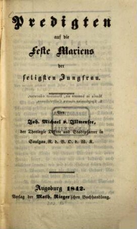 Predigten auf die Feste Mariens der seligsten Jungfrau