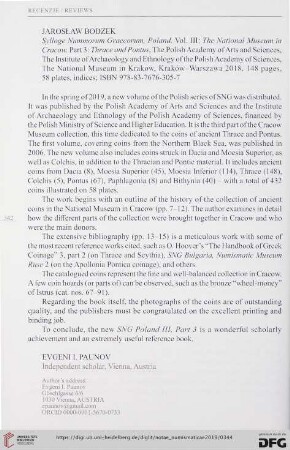 [Rezension von: Jarosław Bodzek, Sylloge Nummorum Graecorum, Poland. Vol. III: The National Museum in Cracow. Part 3: Thrace and Pontus]