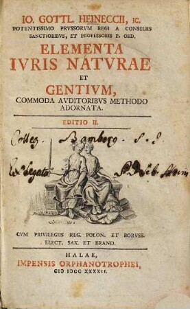 Io. Gottl. Heineccii, IC. Potentissimo Prvssorvm Regi A Consiliis Sanctoribvs, Et Professoris P. Ord. Elementa Ivris Natvrae Et Gentivm : Commoda Avditoribvs Methodo Adornata
