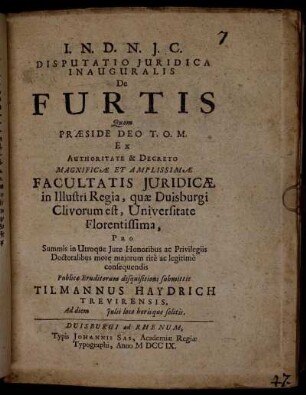 Disputatio Juridica Inauguralis De Furtis