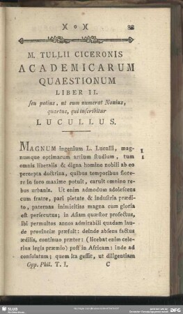 Academicarum Quaestionum Liber II. seu potius, ut cum numerat Nonius, quartus, qui inscribitur Lucullus