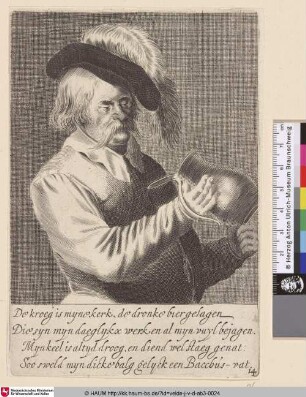 [Trinker grübelt über das innere eines Kruges; Drunkard musing on the Inside of a Jug ('Kannekijker')]