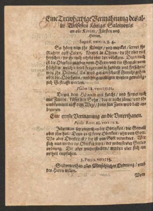 Eine Trewhertzige Vermahnung des aller Weisesten Königs Salomonis an alle Könige/ Fürsten und Herren.