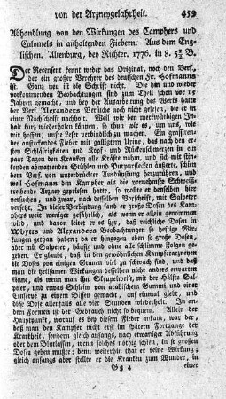 Abhandlung von den Wirkungen des Camphers und Calomels in anhaltenden Fiebern.