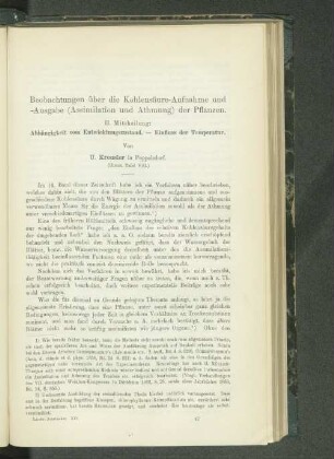 Beobachtungen über die Kohlensäure-Aufnahme und -Ausgabe (Assimilation und Athmung) der Pflanzen