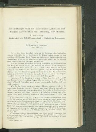 Beobachtungen über die Kohlensäure-Aufnahme und -Ausgabe (Assimilation und Athmung) der Pflanzen