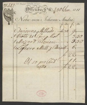 [Rechnung] Nota von Johann André : 30.06.1811