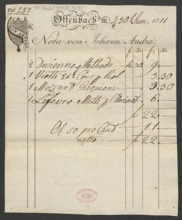 [Rechnung] Nota von Johann André : 30.06.1811