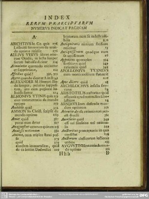 Index Rerum Praecipuarum Numerus Indicat Paginam