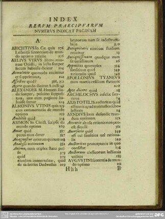 Index Rerum Praecipuarum Numerus Indicat Paginam