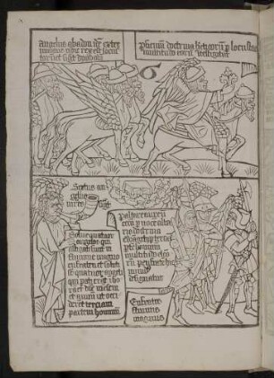 (1) Auszug der Heuschrecken mit ihrem König Engel Abadon (= Apollyon) (Apc. IX, 4-11); (2) Der Engel mit der sechsten Posaune, Erlösung der Engel aus dem Euphrat (Apc.IX, 13-15) .