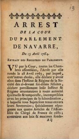 Arrest de la cour du Parlement de Navarre : du 23. Avril 1764