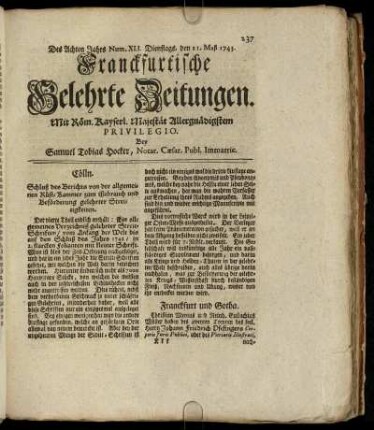 Num. XLI. Dienstags, den 21. Maji 1743 - Num L. Freytags, den 21. Junii 1743