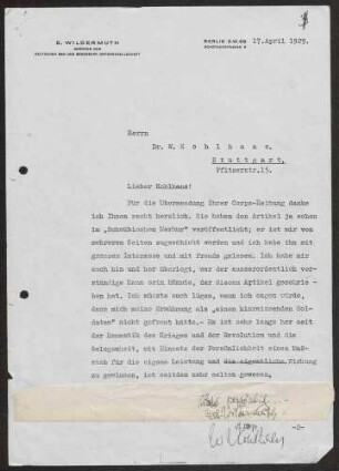 Korrespondenz mit Eberhard Wildermuth zur Revolution 1918/19 in Württemberg und das Tübinger Studentenbataillon