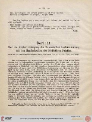 Bericht über die Wiedervereinigung der Manessischen Liedersammlung mit den Handschriften der Bibliotheca Palatina