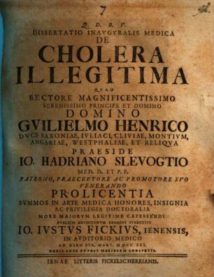 Dissertatio Inavgvralis Medica De Cholera Illegitima