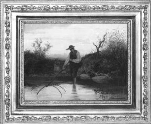 Forellenfischer an einsamem Waldbach : Leonhardi, Eduard: Forellenfischer an einsamem Waldbach. 1854. Öl