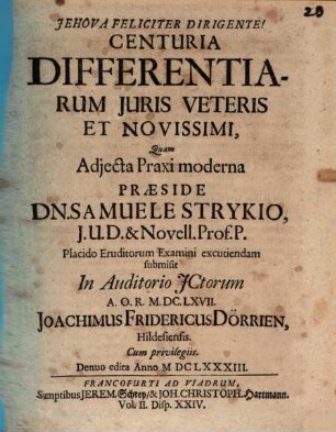 Centuria Differentiarum Juris Veteris Et Novissimi