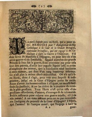 Réponse à l'écrit qui a pour titre : mémoire pour l'ambassadeur du roy catholique à la cour de la Grande Bretagne ; contenant les raisons, qui ont engagé S. M. catholique à faire la guerre à l'Empereur