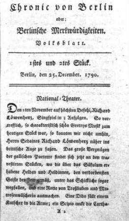 1stes und 2tes Stück, Berlin, den 25. December. 1790