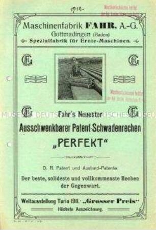 Fahr's Neuester Ausschwenkbarer Patent-Schwadenrechen "Perfekt"