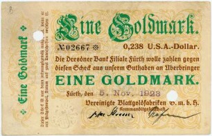 Geldschein / Notgeld, Goldmark, 5.11.1923