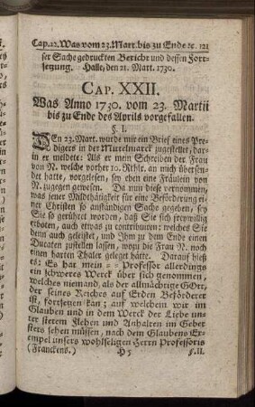 Cap. XXII. Was Anno 1730. vom 23. Martii bis zu Ende des Aprils vorgefallen.